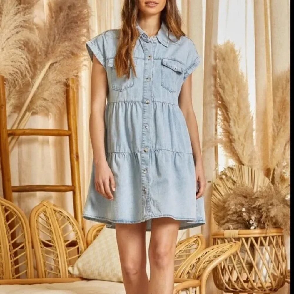 Andree By Unit Button Down Tiered Denim Mini Dres… - image 1